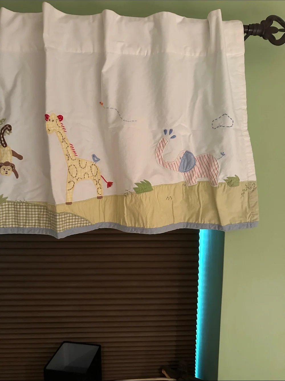 Pottery Barn Kids White Valance with Green Gingham and Animal Appliqués